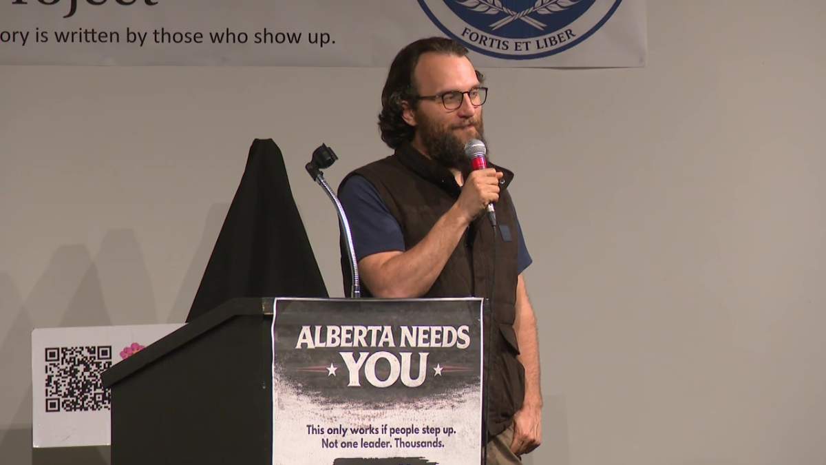Political activist David Parker, of Take Back Alberta and The Centurion Project, speaks to supporters in Edmonton, Alta. on Wednesday, April 29, 2026.