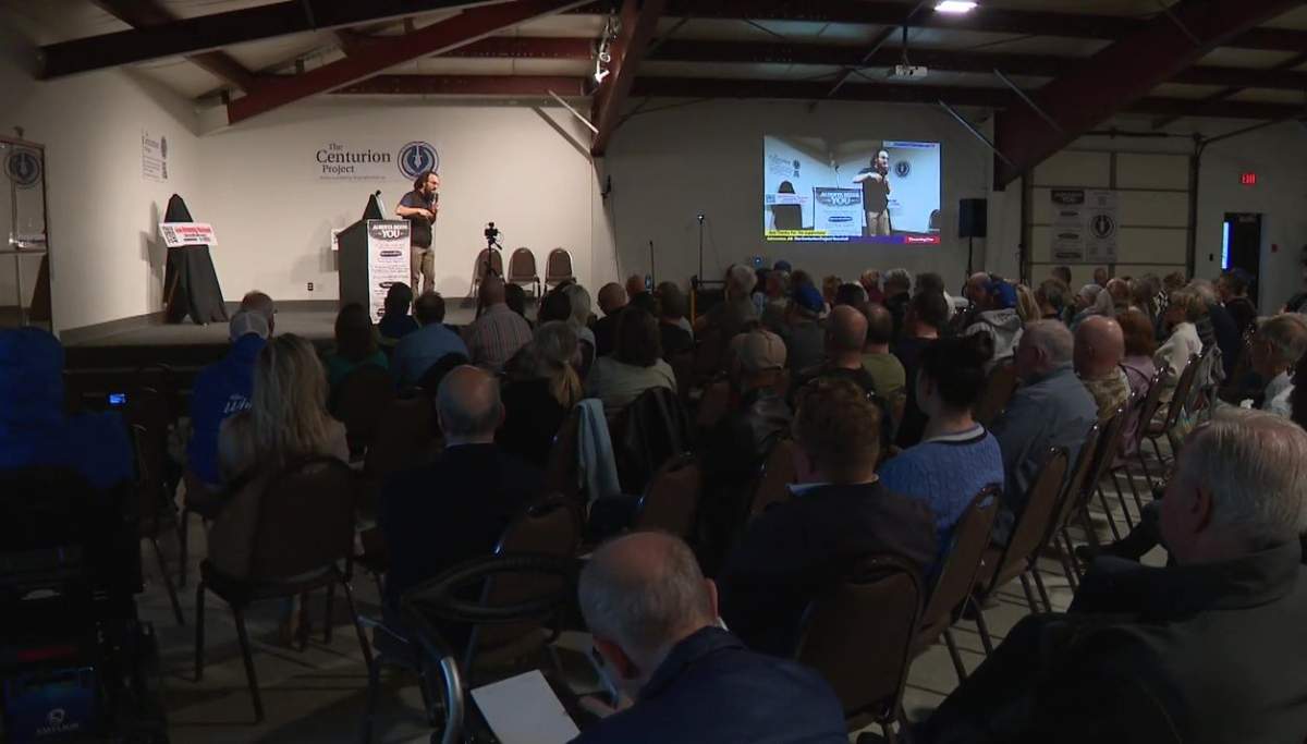 Political activist David Parker, of Take Back Alberta and The Centurion Project, speaking to supporters in Edmonton, Alta. on Wednesday, April 29, 2026.