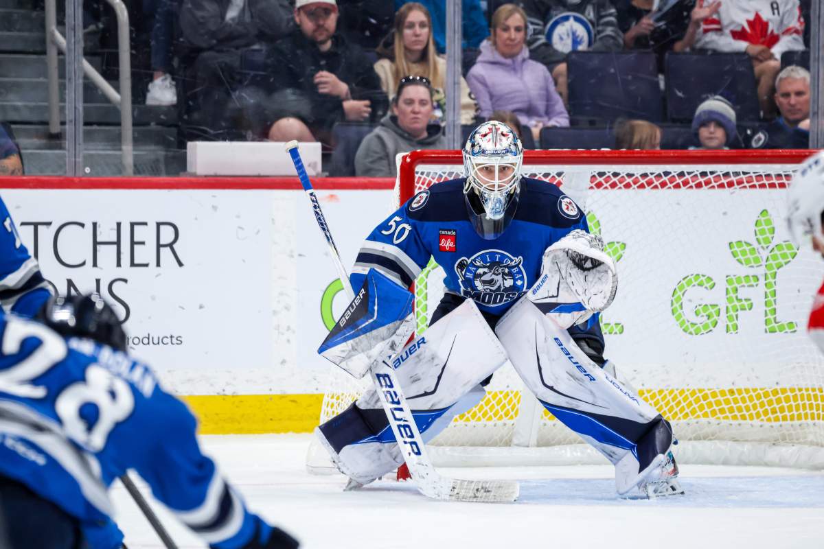 Manitoba Moose goalie Domenic DiVincentiis in action versus Grand Rapids, May 4, 2026.