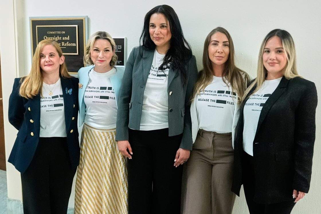 Victims of Jeffrey Epstein's abuse, from left, Liz Stein, Dani Bensky, Sharlene Rochard, Marina Lacerda and Andrea Sterling, are seen before former Attorney General Pam Bondi arrives for her deposition at the Rayburn House Office Building on Capitol Hill, Friday, May 29, 2026, in Washington.