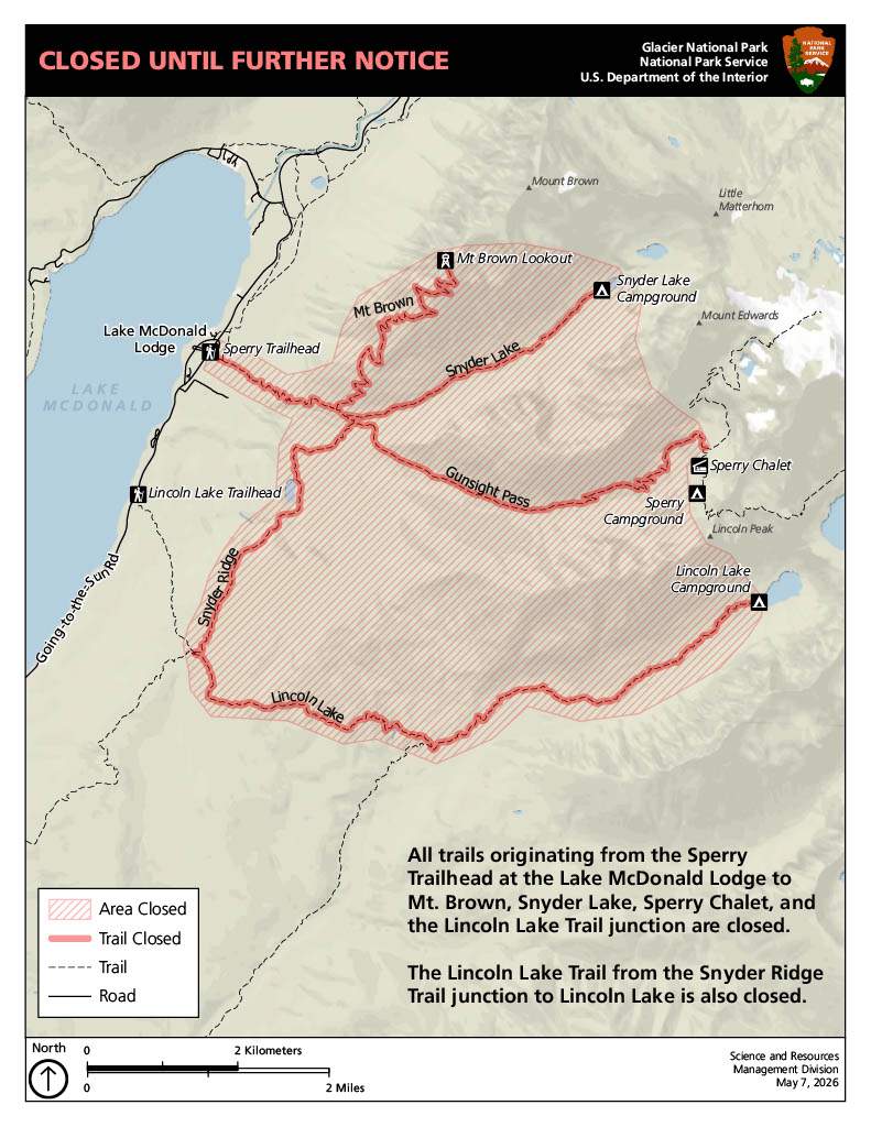 Glacier National Park map following closures after suspected bear attack.