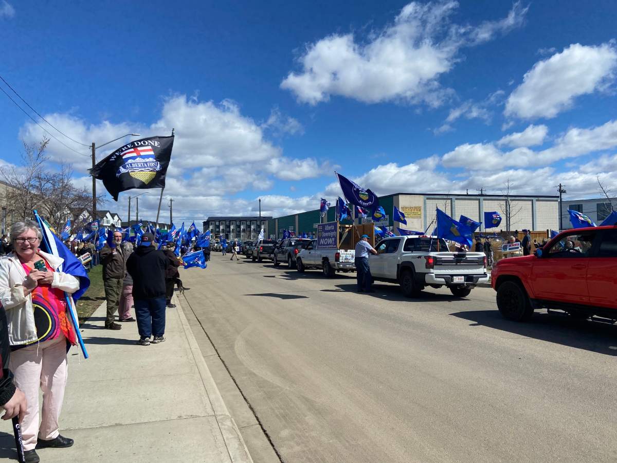 Stay Free Alberta separatism supporters in Edmonton, Alta. on Monday, May 4, 2026.