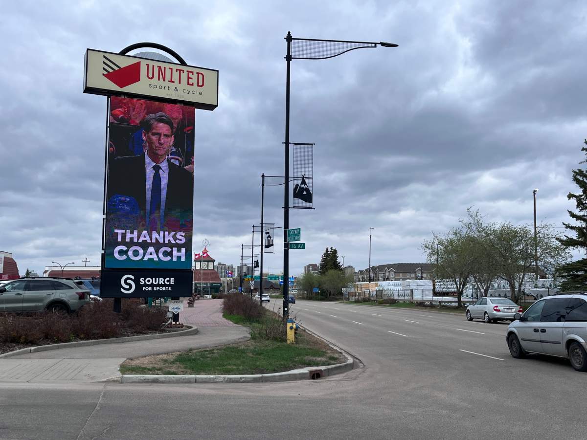 A sign outside United Cycle in south Edmonton thanking Kris Knoblauch for his time as the head coach of the Edmonton Oilers, from which he was let go of on Thursday, May 14, 2026.