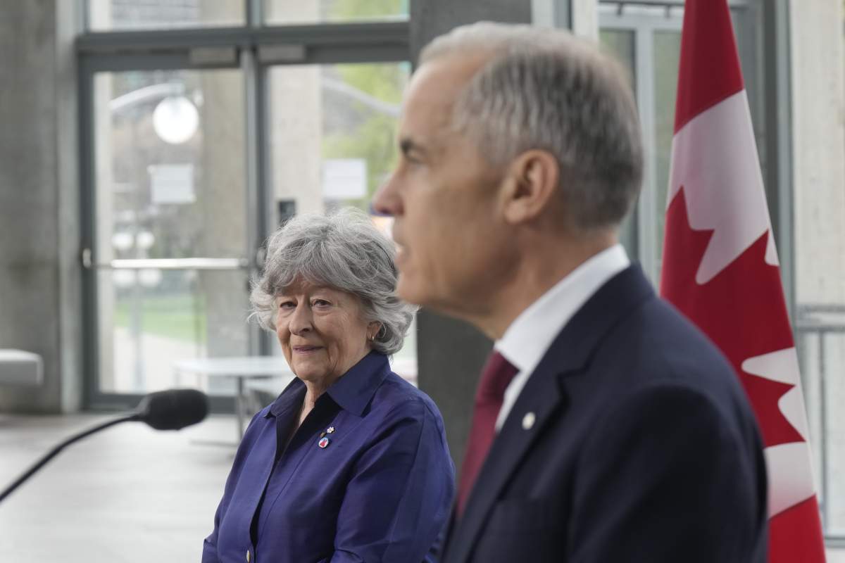 Prime Minister Mark Carney speaks next to Louise Arbour to announce the new governor general during an event in Ottawa, Tuesday, May 5 2026.