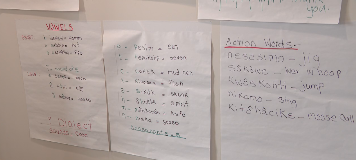Cree words are translated into English on a wall on Sturgeon Lake Cree Nation. May 6, 2026.