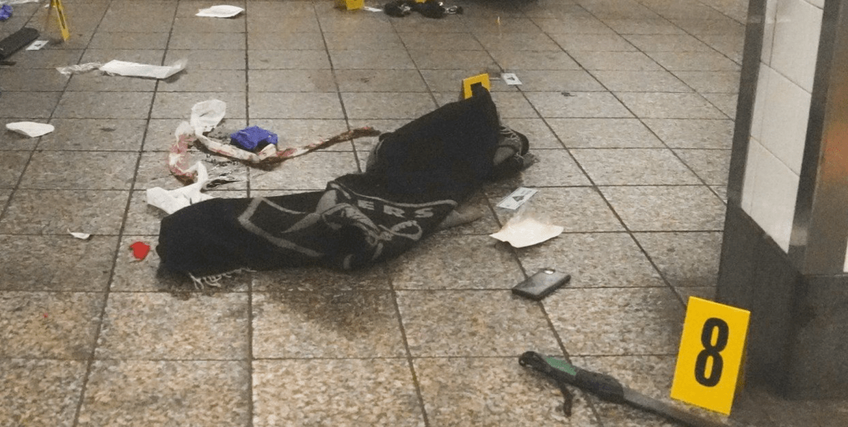 A weapon used to attack three people is shown at the Grand Central subway station in New York on Saturday, April 11, 2026. 