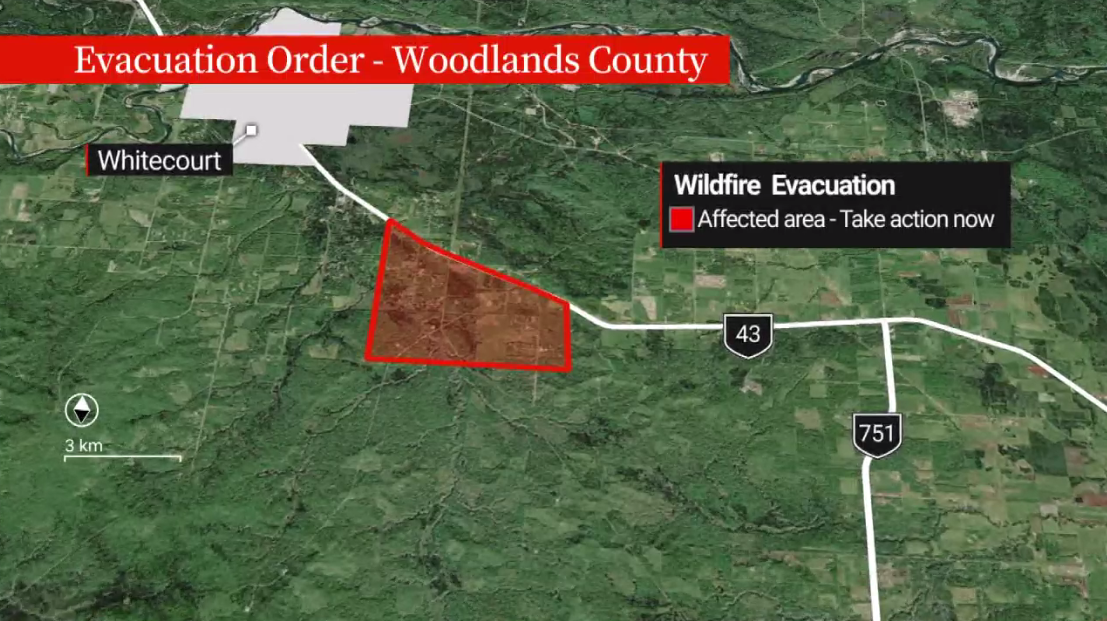 The evacuation order was issued at 5:31 p.m. Monday through an Alberta Emergency Alert, with authorities warning the fire is burning out of control and could continue to spread.