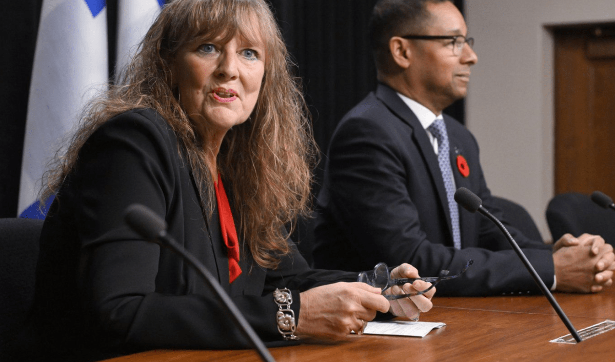 Lesley Hill, Quebec’s director of youth protection, speaks during a news conference alongside Quebec Social Services Minister Lionel Carmant.