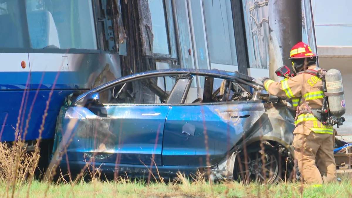 A collision between a Valley Line LRT train and a Tesla car on the Whitemud Drive overpass at 66 Street on Tuesday, May 12, 2026.