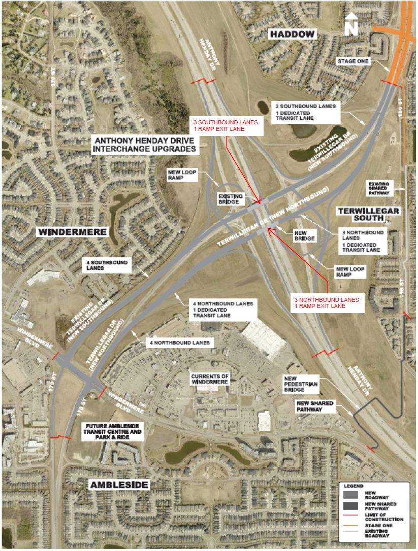 Map showing the planned upgrades to Terwillegar Drive at Anthony Henday Drive in southwest Edmonton.