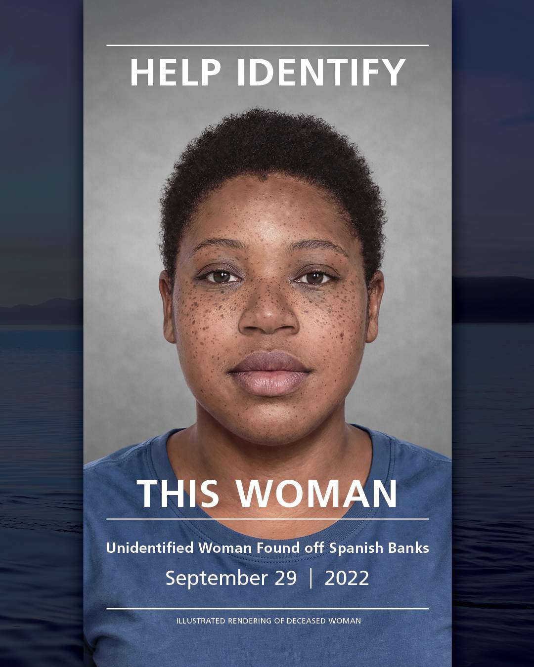 A sketch of what the woman looks like whose body was found off English Bay in 2022.