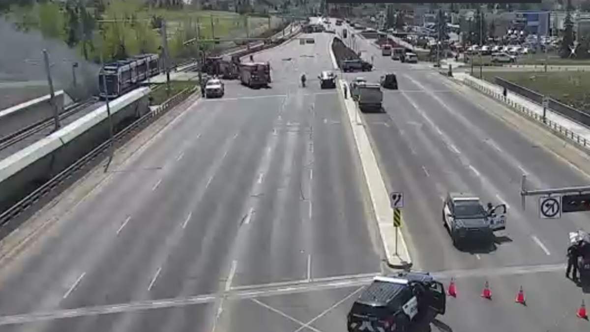 A collision between a Valley Line LRT train and a vehicle on the Whitemud Drive overpass at 66 Street on Tuesday, May 12, 2026.