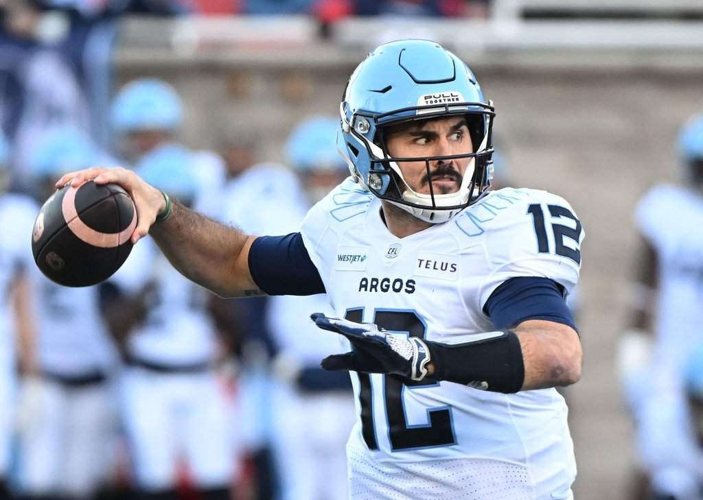 Toronto Argonauts quarterback Chad Kelly (12) throws a pass during first quarter CFL Eastern Conference Final football action Saturday, Nov. 9, 2024 in Montreal. THE CANADIAN PRESS/Graham Hughes.