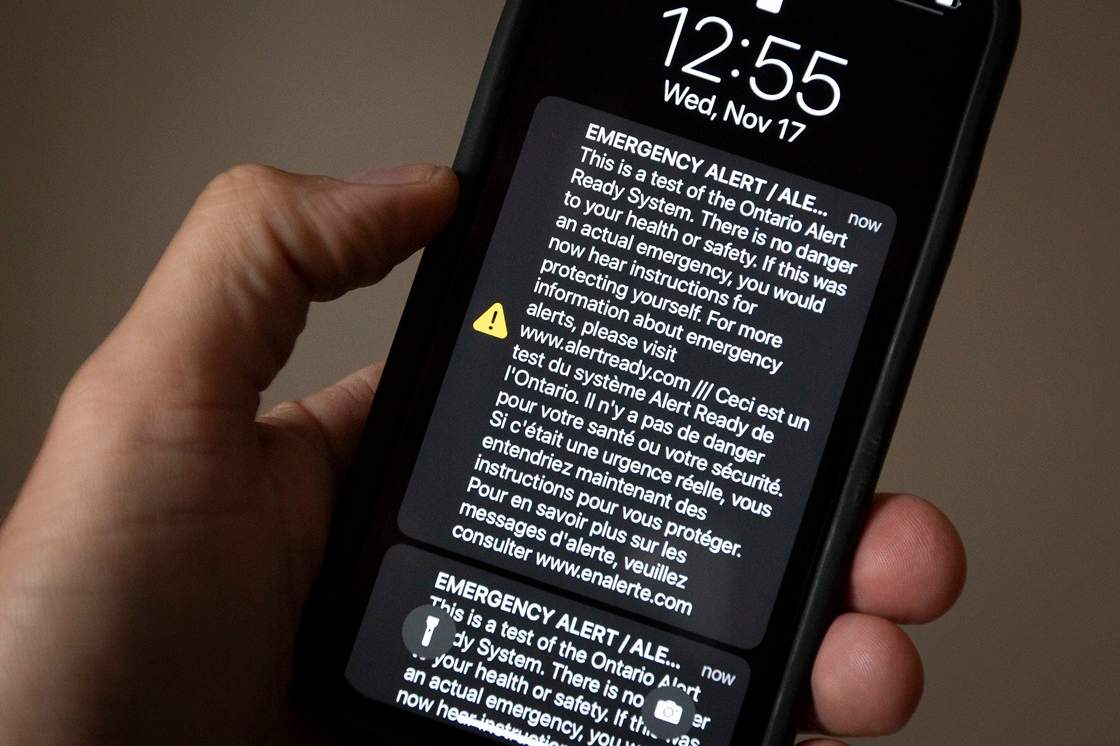 Ontario emergency alert test pictured on a cellphone