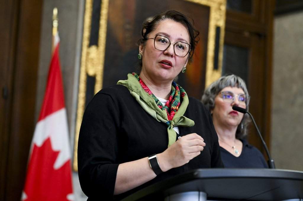 Minister of Indigenous Services Mandy Gull-Masty speaks in the Foyer of the House of Commons on Parliament Hill in Ottawa, on Friday, May 8, 2026.