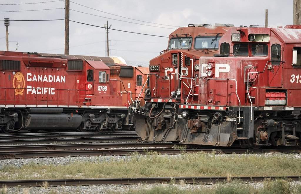 Locomotives sit idol at the CPKC railyard in Calgary, Alta., Thursday, Aug. 22, 2024. A union representing close to 300 signals workers with Canadian Pacific Kansas City Ltd. says its members are on strike. 