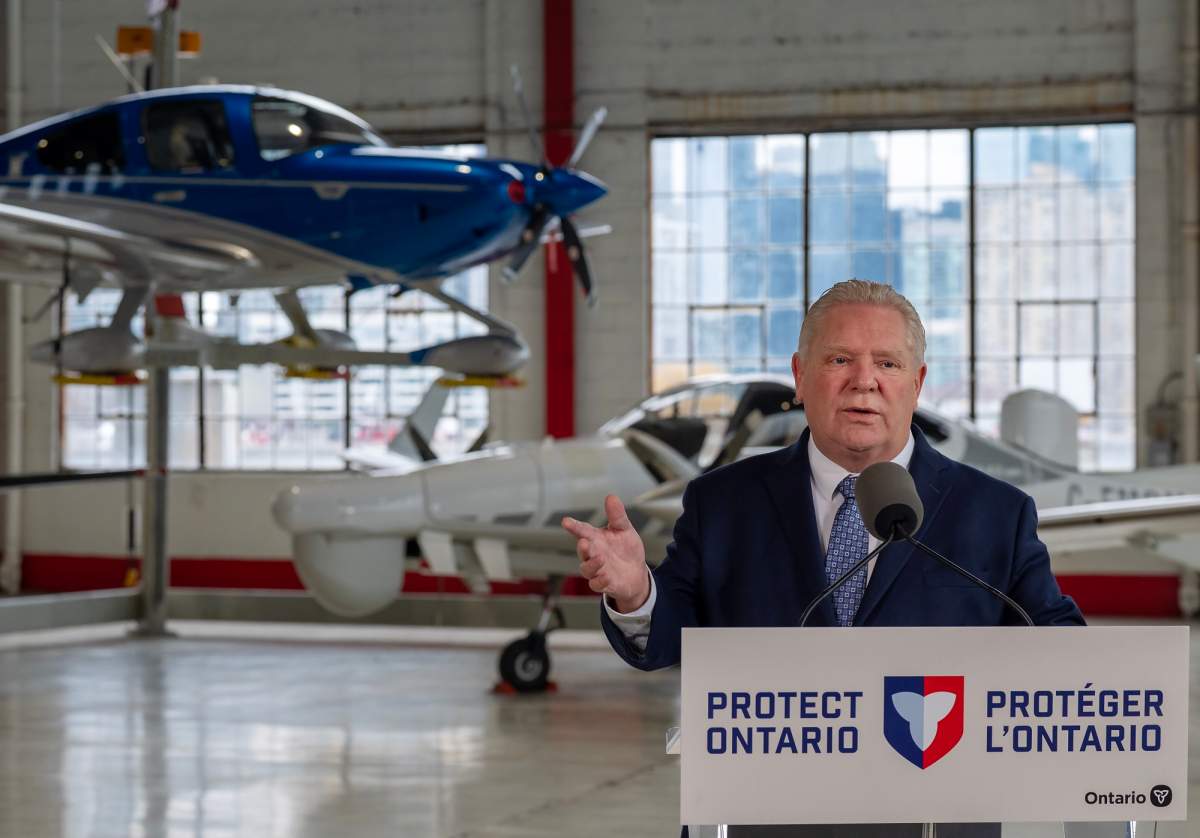Ontario Premier Doug Ford speaks at an event at Billy Bishop Toronto City Airport on Monday March 23, 2026. 