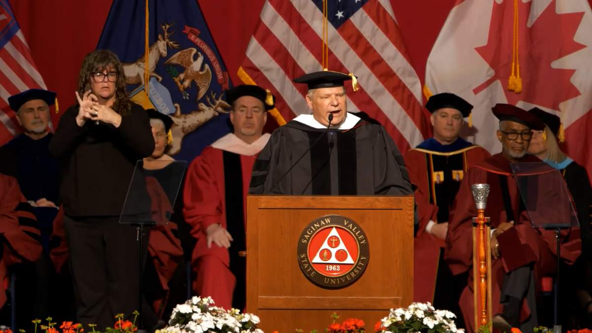 Ontario Premier Doug Ford delivers a commencement address at Saginaw Valley State University in Michigan after receiving an honorary doctorate.