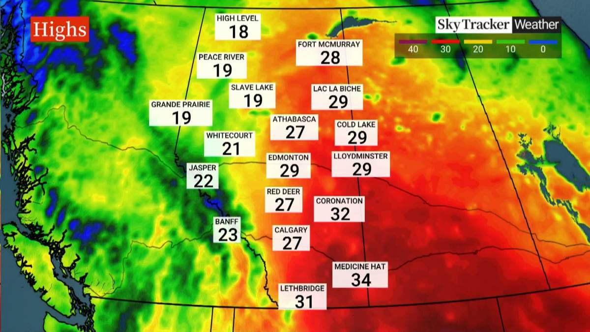 While Calgary and Edmonton are outside the area covered by the "yellow" heat warning, temperatures across much of southern and central Alberta are forecast to be in the high 20s C to low 30s C for the next few days.