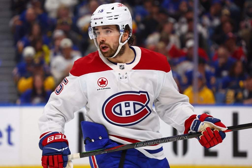 Montreal Canadiens forward Alex Newhook (15) in action against Sabres in Buffalo, N.Y., on Friday, May 8, 2026.