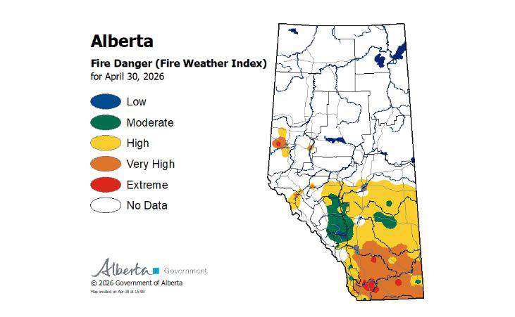 The provincial government's latest fire danger map shows the fire danger across much of southern Alberta is listed as high to extreme.