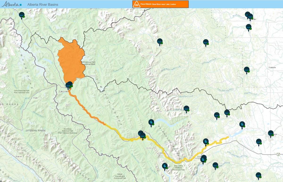 A flood watch has been issued for the Pipestone and Bow Rivers near Lake Louise (orange area) and a high streamflow advisory has been issued for the Bow River through Banff and downstream to the Ghost Reservoir.