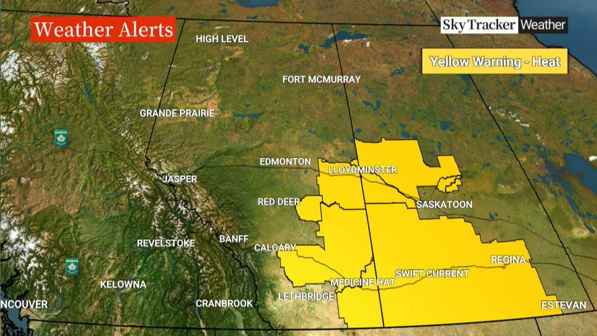 With temperatures in the low to mid 30s C in the forecast for the next few days, Environment Canada has issued a "yellow" heat warning for a large part of southern Alberta and Saskatchewan.