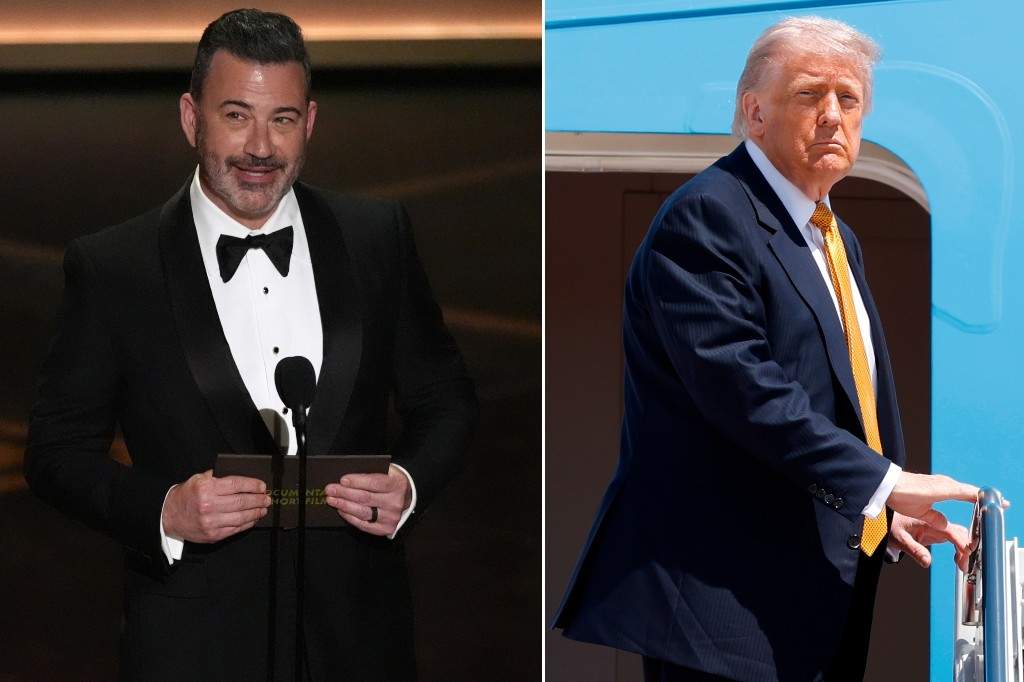 (L-R:) Jimmy Kimmel presents the award for best documentary short film during the Oscars on Sunday, March 15, 2026, at the Dolby Theatre in Los Angeles and U.S. President Donald Trump boards Air Force One upon his arrival at Joint Base Andrews, Md., Tuesday, May 12, 2026.