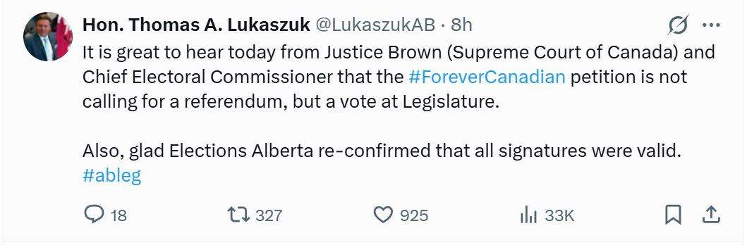 Former Alberta Deputy Premier and the organizer behind the "Forever Canadian" petition, Thomas Lukaszuk, took to social media on Monday to reiterate that he wants a vote in the legislature, not a referendum on Alberta remaining in Canada.
