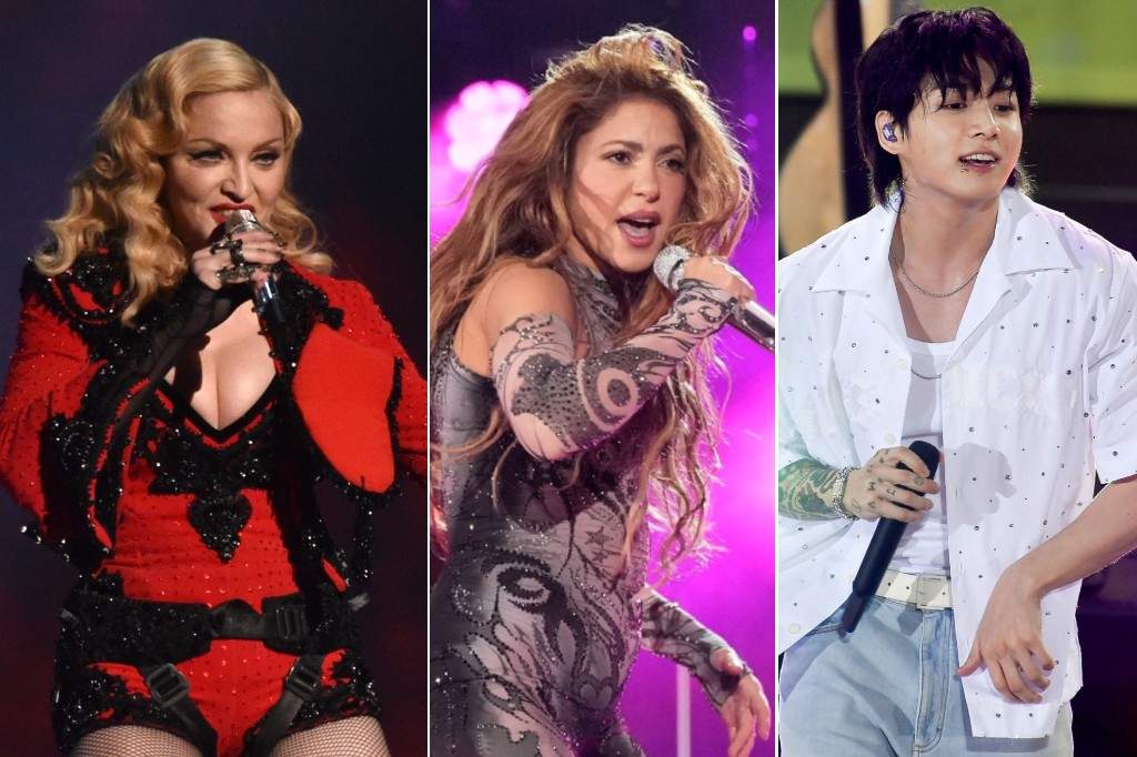 (L-R:) Madonna performs at the 57th annual Grammy Awards, Shakira performs during the Global Citizen Festival and singer Jung Kook from the K-pop band BTS performs solo on 'Good Morning America.'
