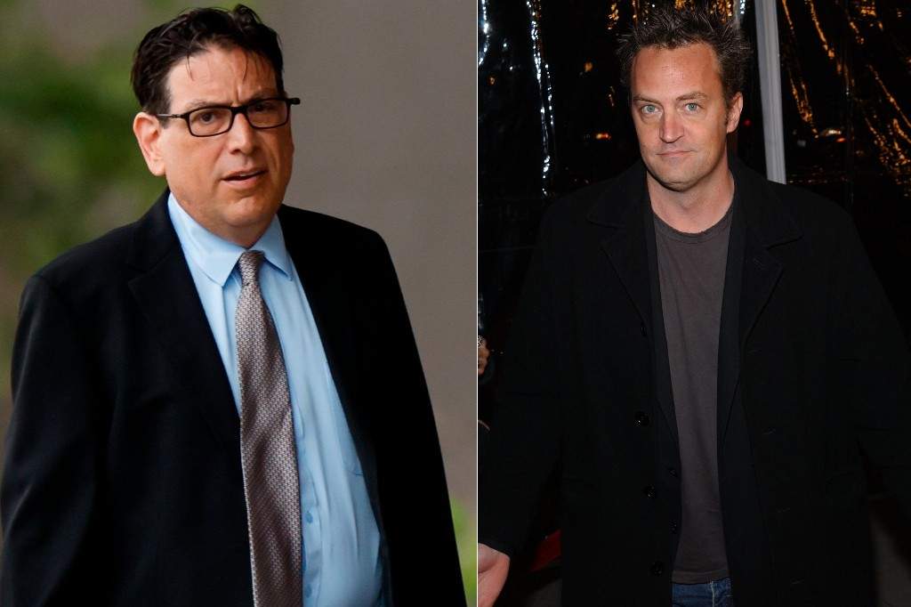 (L-R:) Erik Fleming arrives at federal court in Los Angeles for sentencing in connection with the ketamine overdose death of actor Matthew Perry, on Wednesday, May 13, 2026, in Los Angeles and Matthew Perry at arrivals for 'The Wrestler' Premiere, Academy of Motion Picture Arts & Sciences, Los Angeles, CA, December 16, 2008.