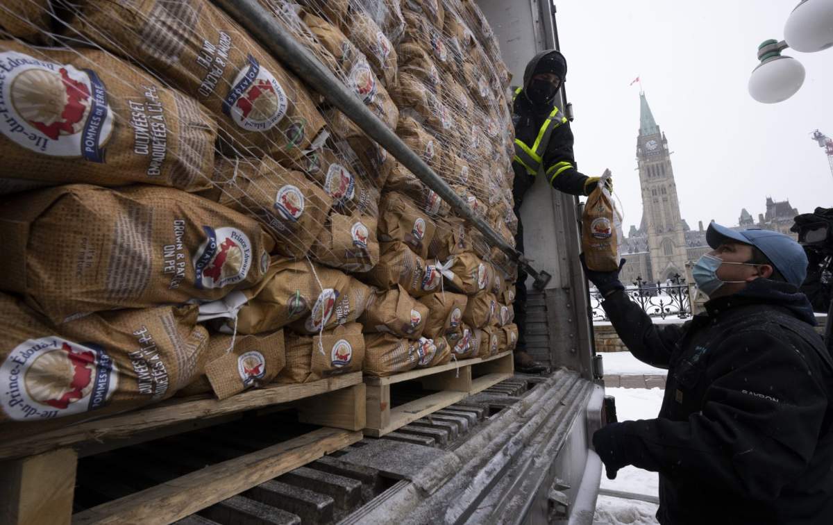 File photo: Bags of Prince Edward Island potatoes are unloaded from a transport truck on Dec. 8, 2021 in Ottawa.