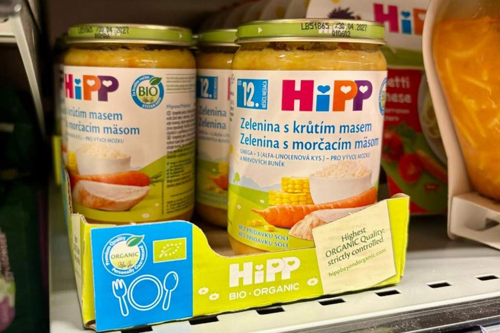 A view of HIPP baby food on a shelf, in Ceske Budejovice, Czech Republic, Sunday, April 19, 2026.