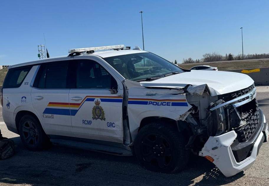 This RCMP vehicle was parked when it was struck by the Winnipeg woman who was on the run from the police in a stolen five-ton truck.