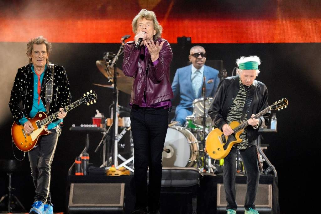 Ronnie Wood, from left, Mick Jagger, Steve Jordan, and Keith Richards of The Rolling Stones perform during the 'Hackney Diamonds"'tour on June 27, 2024, in Chicago.