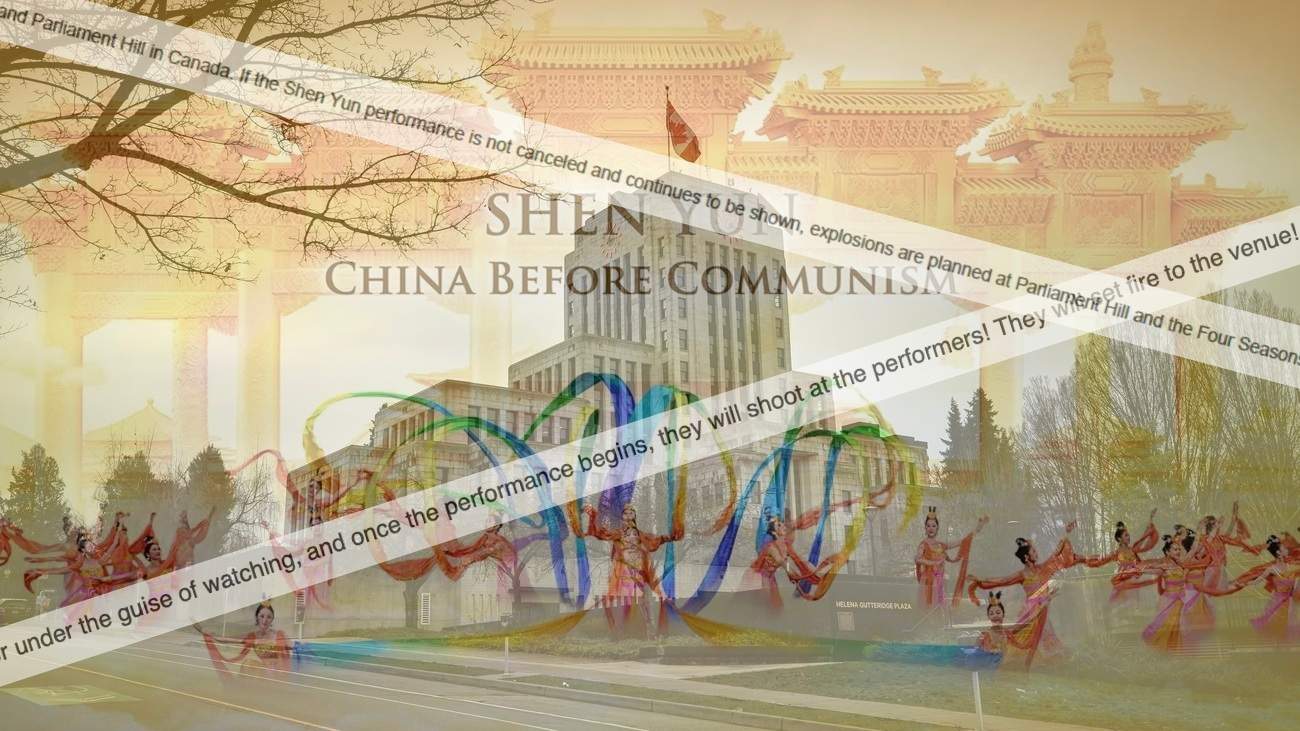 Graphic image showing Vancouver city hall, Shen Yun flyer and threats to host venues in Canada.