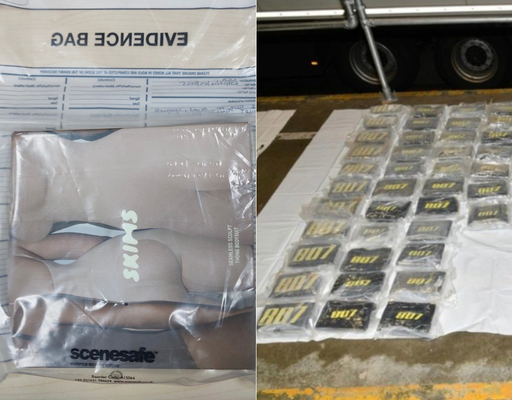 90 packages containing 1kg of cocaine were found hidden inside a truck carrying Skims product to the U.K.
