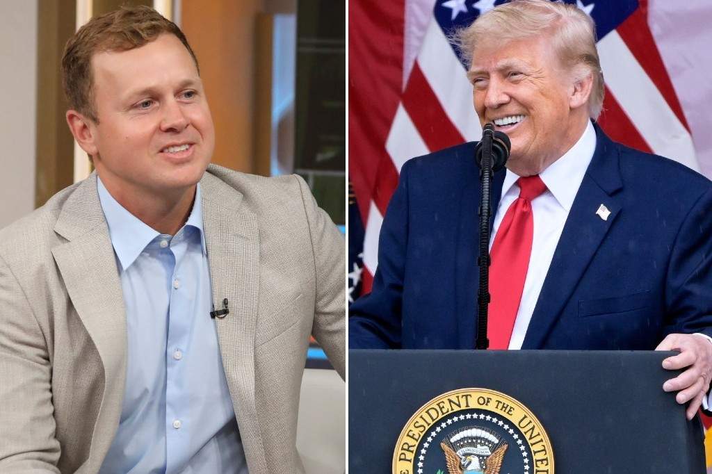 (L-R:) Spencer Pratt appears on 'Fox & Friends' at Fox News headquarters on Thursday, May 28, 2026, in New York and U.S. President Donald Trump speaks during the Memorial Day ceremony at Arlington National Cemetery, Monday, May 25, 2026, in Arlington, Va.