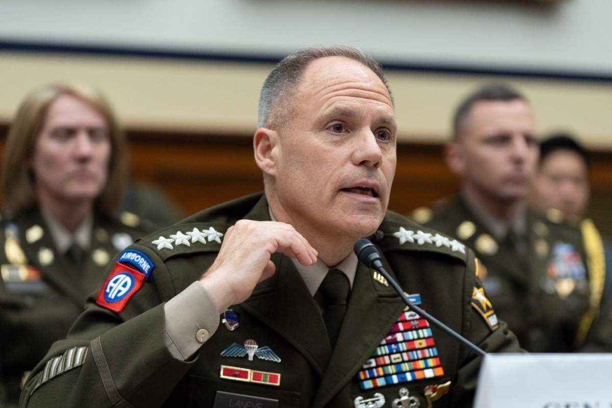Gen. Christopher LaNeve, acting Army chief of staff, testifies before the House Armed Services Committee hearing on the budget request of the Department of the Army, on Capitol Hill, Friday, May 15, 2026, in Washington. (AP Photo/Manuel Balce Ceneta).