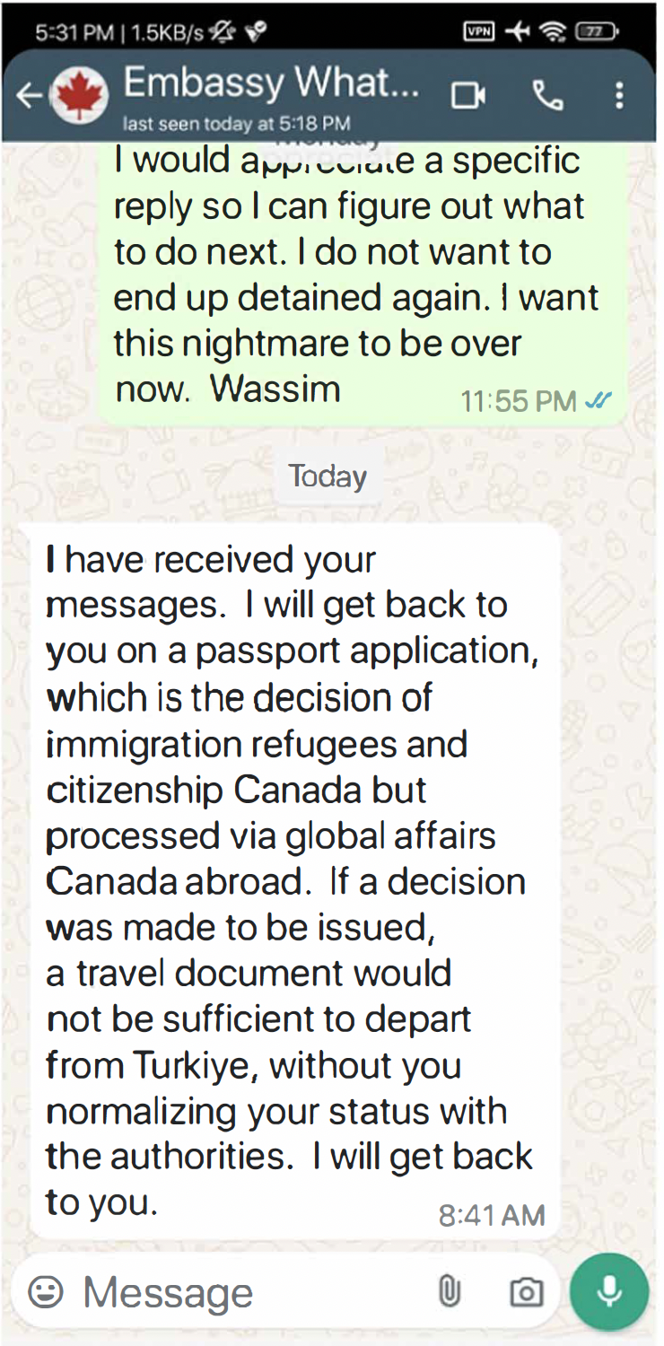 Messages with the Canadian Embassy about returning Wassim Boughadou to Canada.