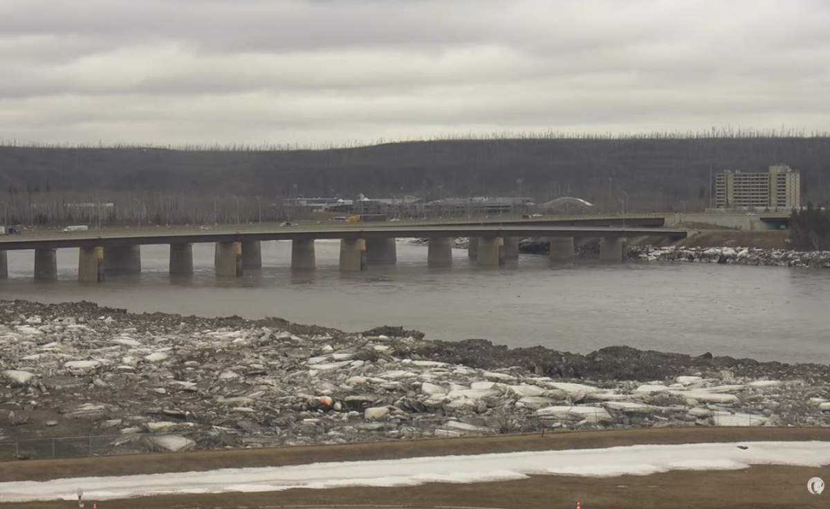 This image, taken from a video being livestreamed by the Regional Municipality of Wood Buffalo, shows a large ice jam has moved downstream from the confluence of the Athabasca and Clearwater Rivers.