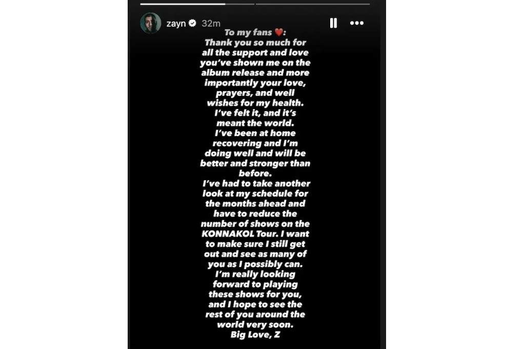 A screenshot of Zayn Malik's Instagram Stories.