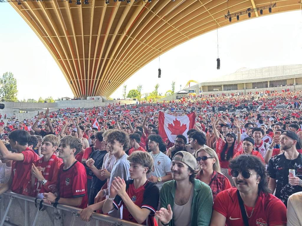 World Cup fans watch Canada's match with Bosnia-Herzegovina, in the PNE Amphitheatre at the FIFA Fan Festival in Vancouver, on Friday, June 12, 2026. THE CANADIAN PRESS/Brieanna Charlebois.