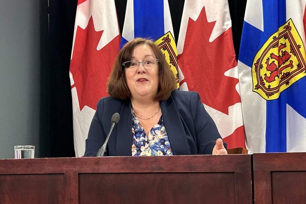 Nova Scotia Opportunities and Social Development Minister Susan Corkum-Greek speaks at a news conference in Halifax, on Wednesday, June 10, 2026. THE CANADIAN PRESS/Devin Stevens.