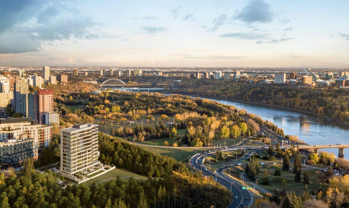 An aeriel rendering of The Clifton, a luxury development in Edmonton.