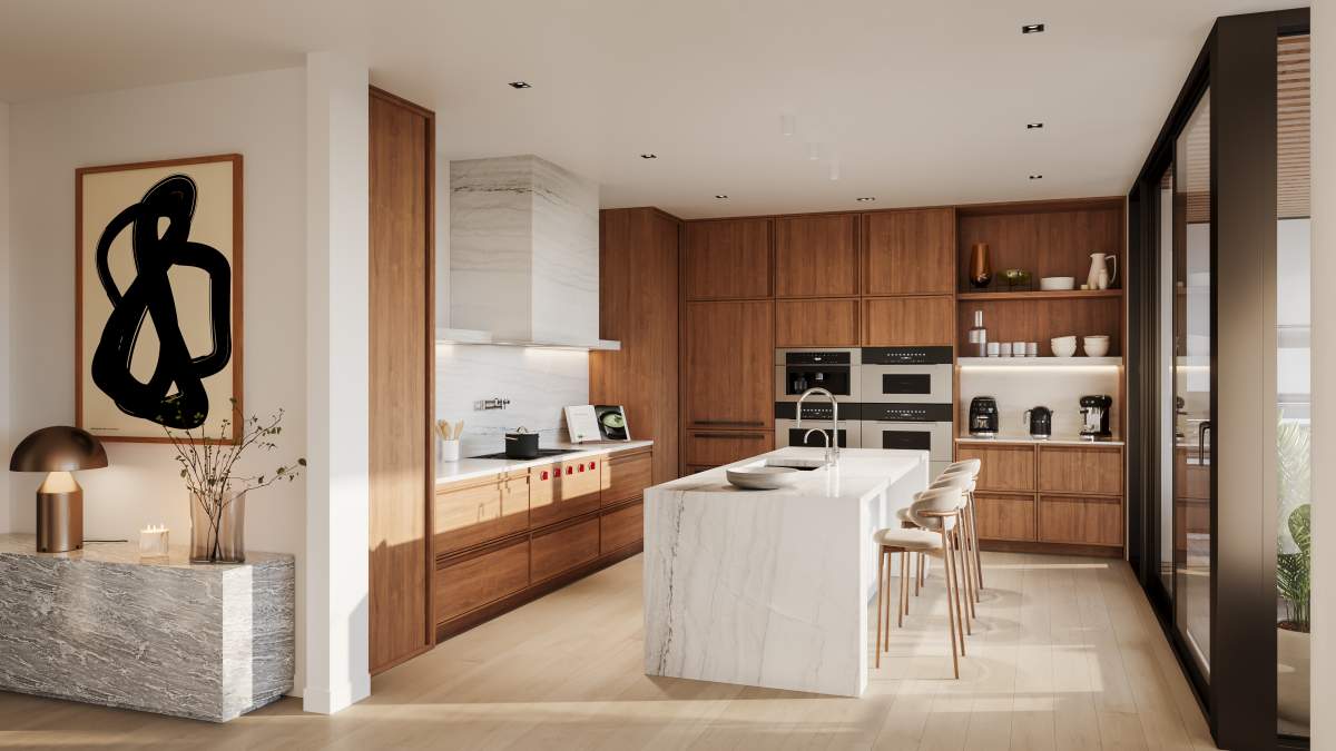 A kitchen rendering of The Clifton, a luxury development in Edmonton.
