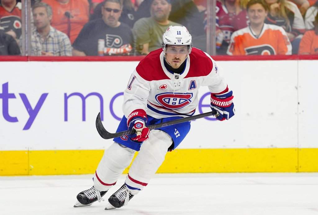 Montreal Canadiens’ Brendan Gallagher in action during an NHL hockey game against the Philadelphia Flyers, April 14, 2026, in Philadelphia.