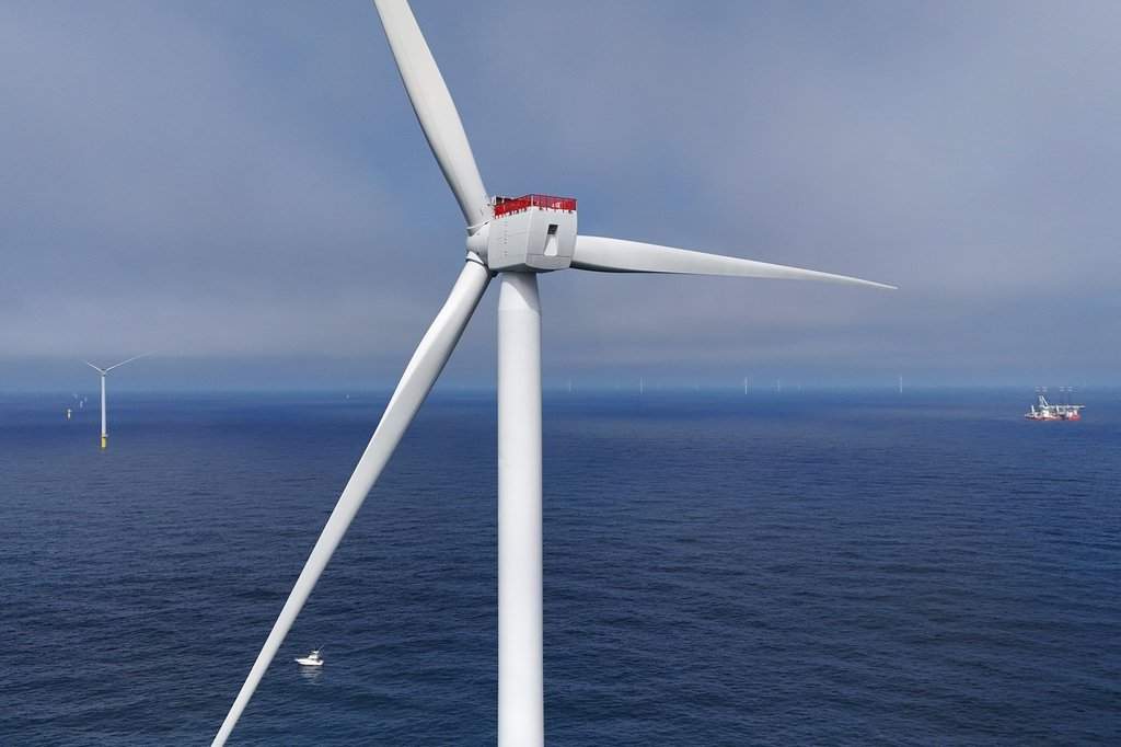 Turbines are visible at Sunrise Wind offshore wind farm that is under construction off the coast of Montauk Point, New York, Thursday, April 23, 2026. 