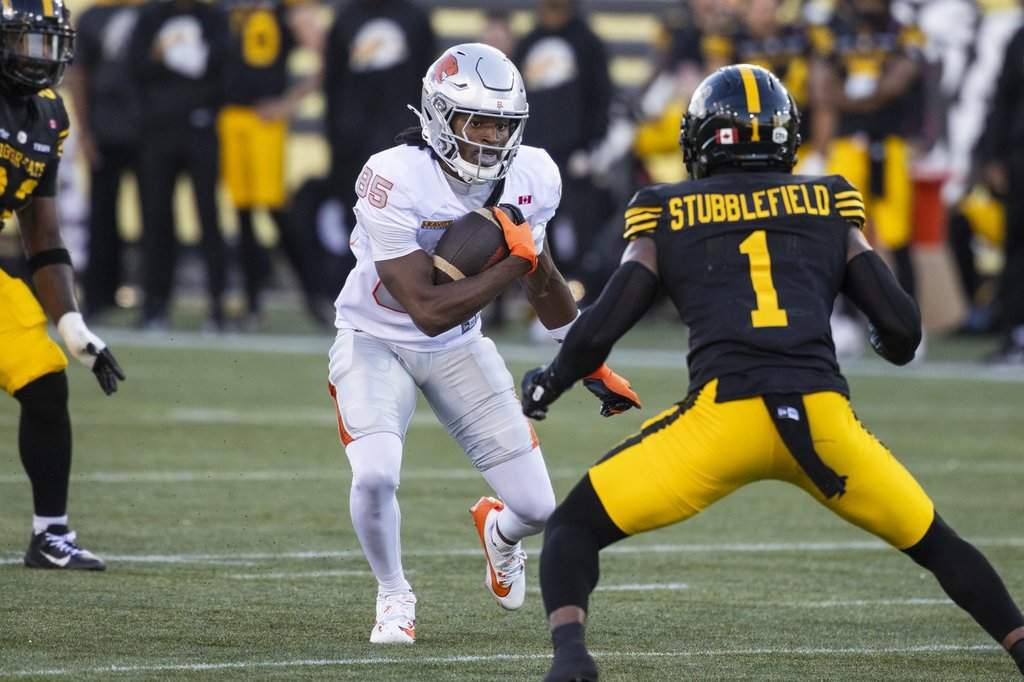 B.C. Lions' Nick Cenacle (85) tries to move the ball past Hamilton Tiger-Cats' Reggie Stubblefield (1) during first half CFL football action in Hamilton on Friday, June 19, 2026. THE CANADIAN PRESS/Nick Iwanyshyn.