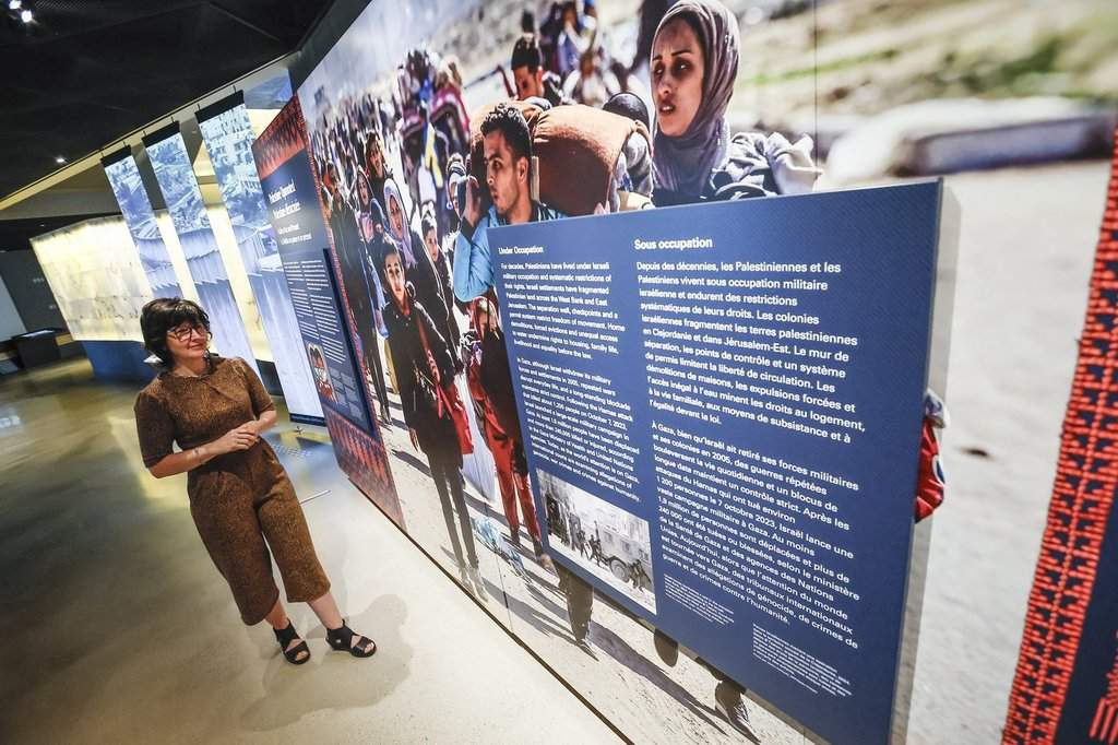 Isabelle Masson, curator, views the new exhibit, Palestine Uprooted - Nakba Past and Present, that she created at the Canadian Museum for Human Rights (CMHR) in Winnipeg, Friday, June 26, 2026. THE CANADIAN PRESS/John Woods.